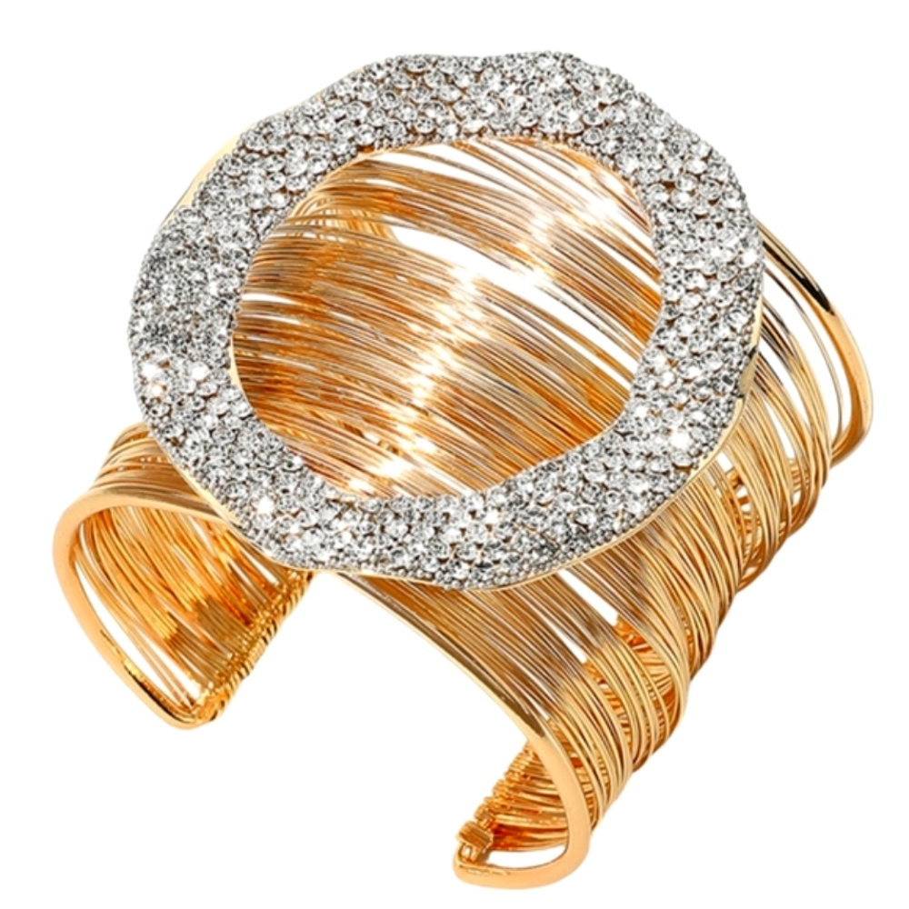 Paved Simulated Diamond CZ Oval Ring Goldplated Metal Wire Wide Cuff Bracelet